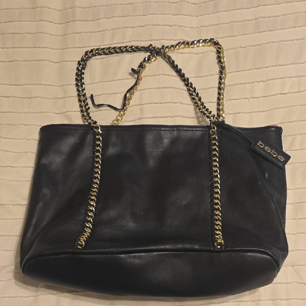 Bebe Black Large Shoulder Bag with Gold Chain Accents